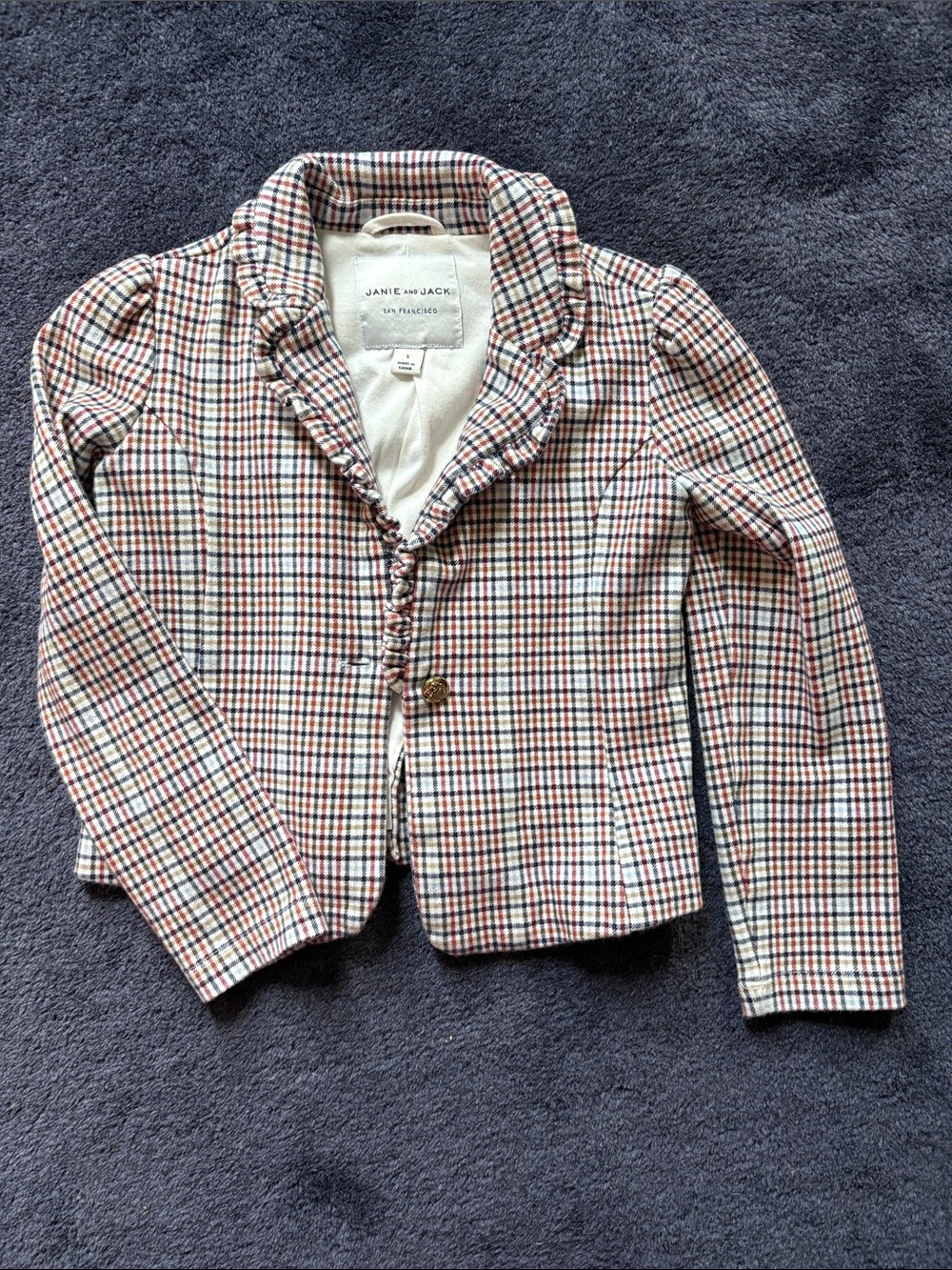 Janie and Jack Multicolor Plaid Ruffle Collar Blazer - Red, Blue, Cream